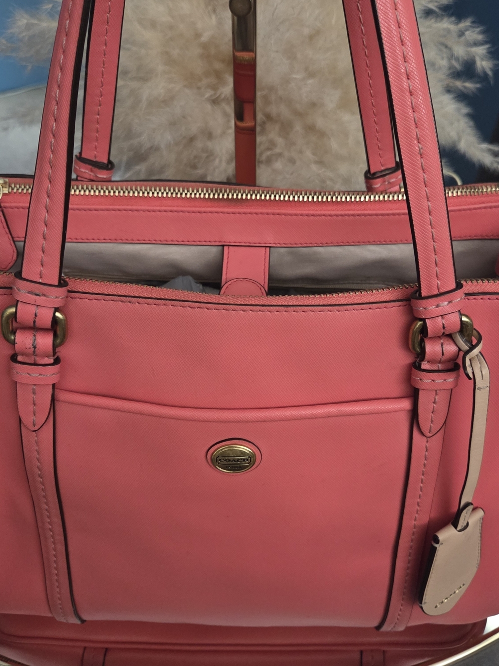 Coach Coral Pink Saffiano Leather Tote - Picture 8 of 17